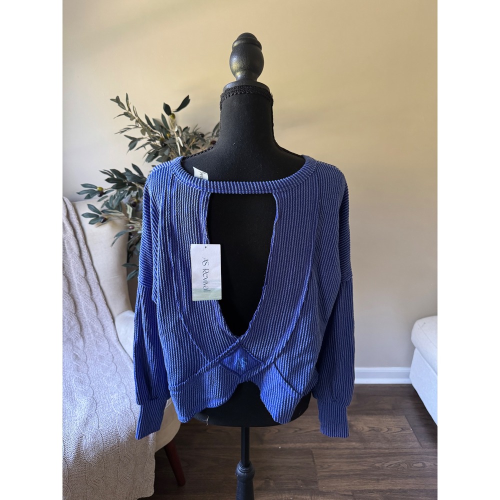 AS Revival Womens Blue Waffle Knit Open Back Thermal Top M1017N NWT Size Small